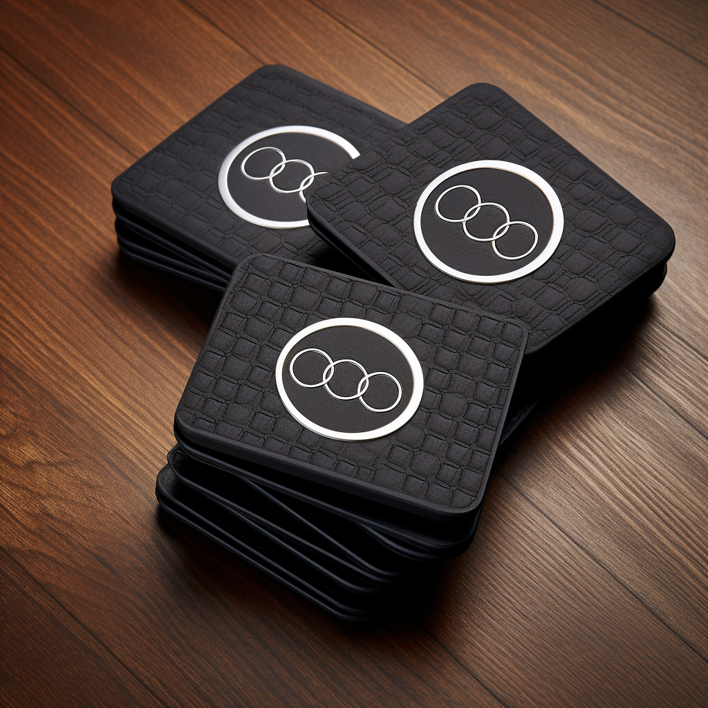 Audi logo coasters on table