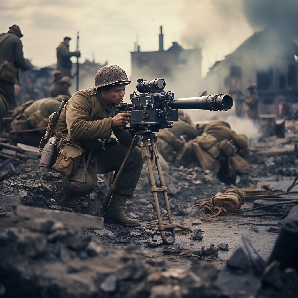 Audie Murphy shooting a machine gun in battle