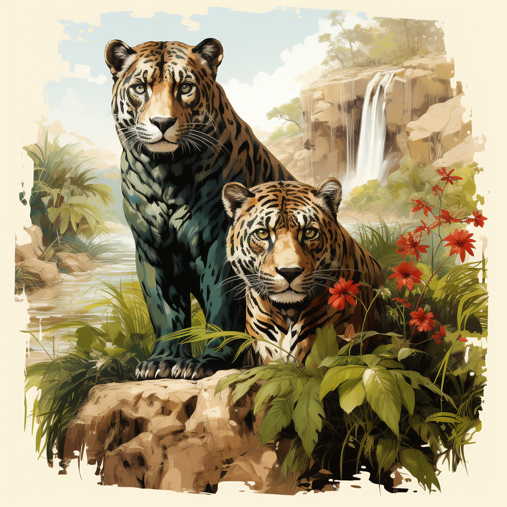 Engraving illustration of leopards at Iguazu Falls