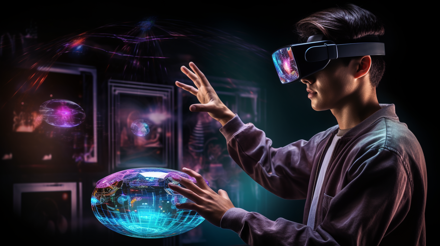 Young man using augmented reality hologram technology