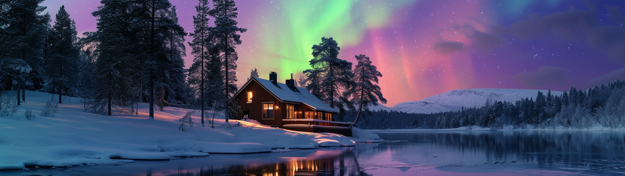 Northern Lights dancing over snow-covered Scandinavian landscape