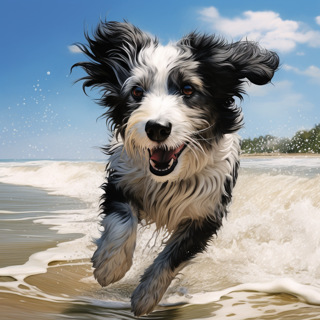 Playful Aussie-Poodle Mix on the Beach