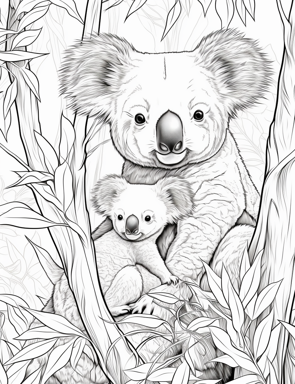 Adult koala with baby in eucalyptus tree