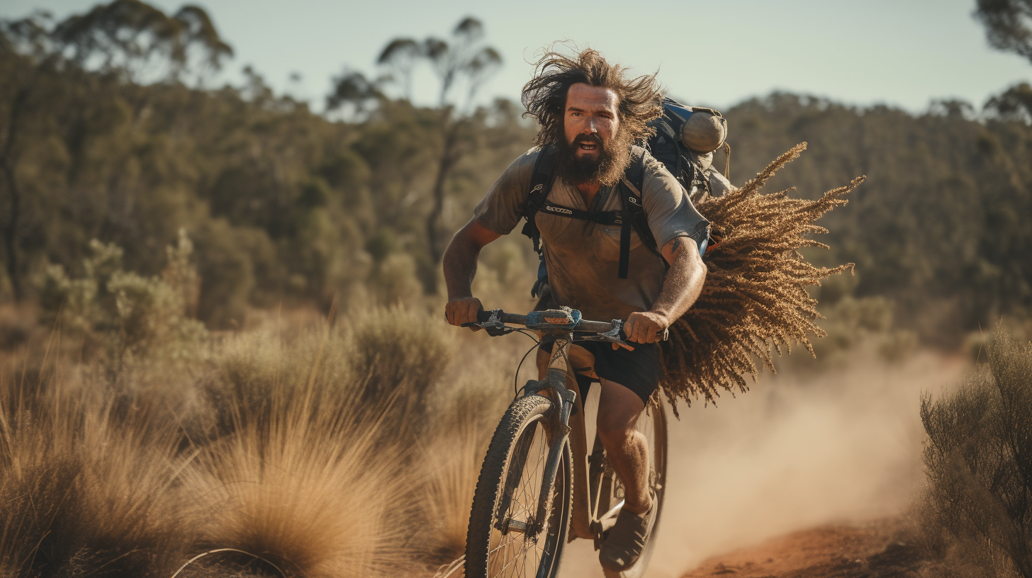 Athlete carrying bike in Australian bush