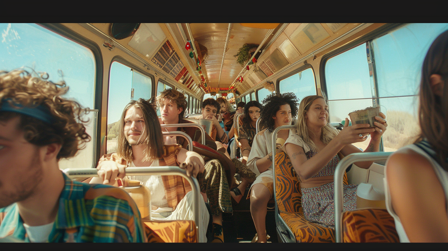 Diverse people holding dirt in bus