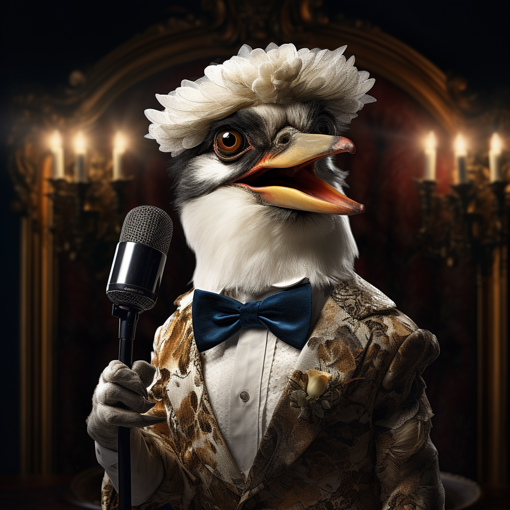 Australian Kookaburra singing on stage wearing glasses and gown