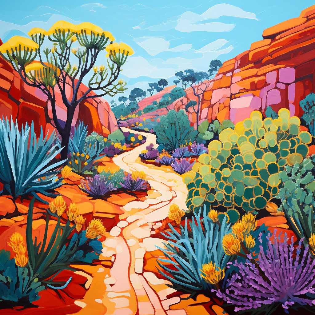 Australian landscape with indigenous plants in David Hockney style