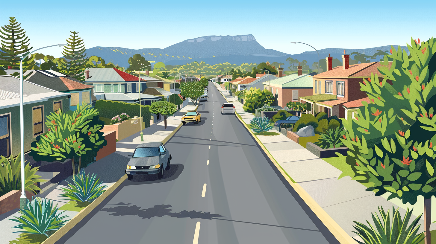 Cartoon style Australian neighborhood aerial view