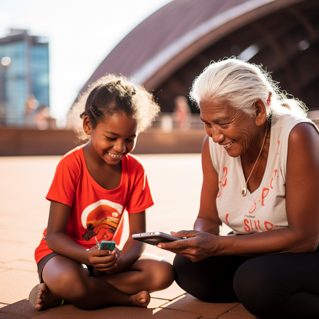 Smiling Aboriginal Elderly Woman Using Smartphone