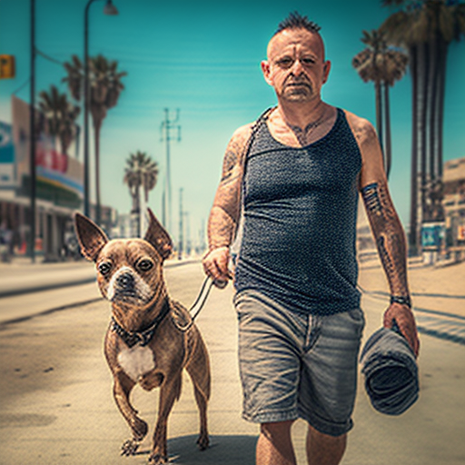 Australian Man walking Brindle Chihuahua in Santa Monica