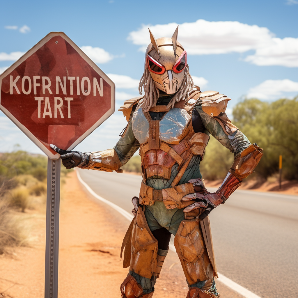 Australian outback superhero with roadsign armor and bommerang