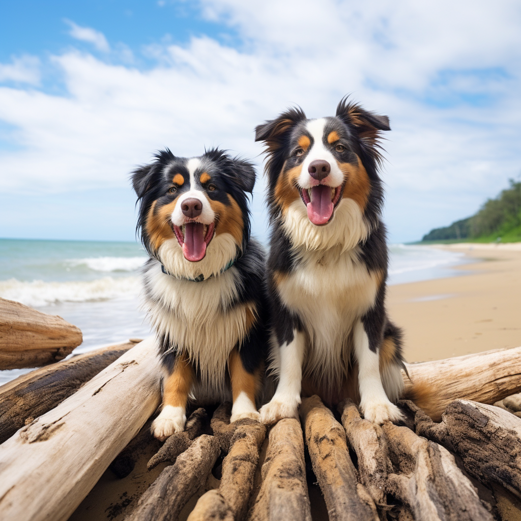 Two Aussie Shepherds enjoying the beach