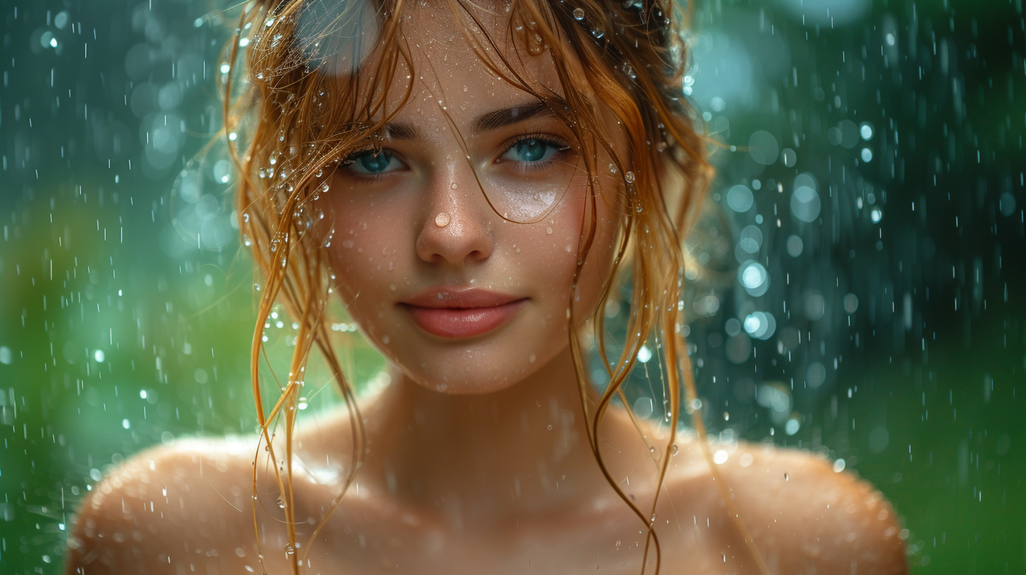 Austrian woman playing rain rice forest