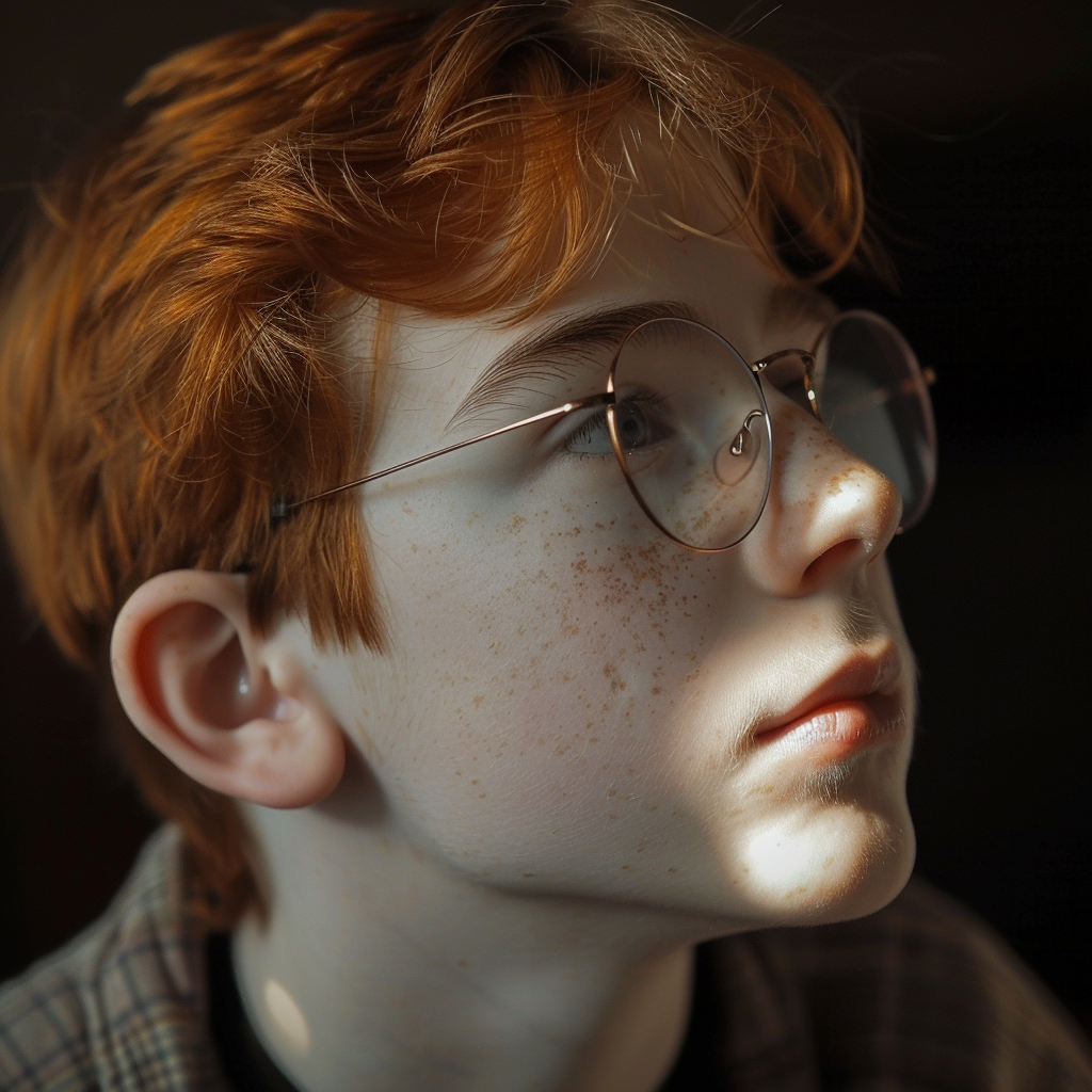 Autistic boy with red hair and glasses