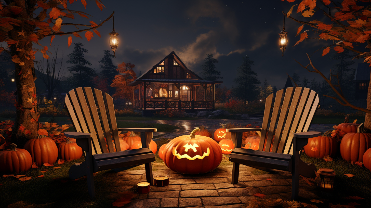 Cozy armchairs by autumn campfire with Halloween pumpkins