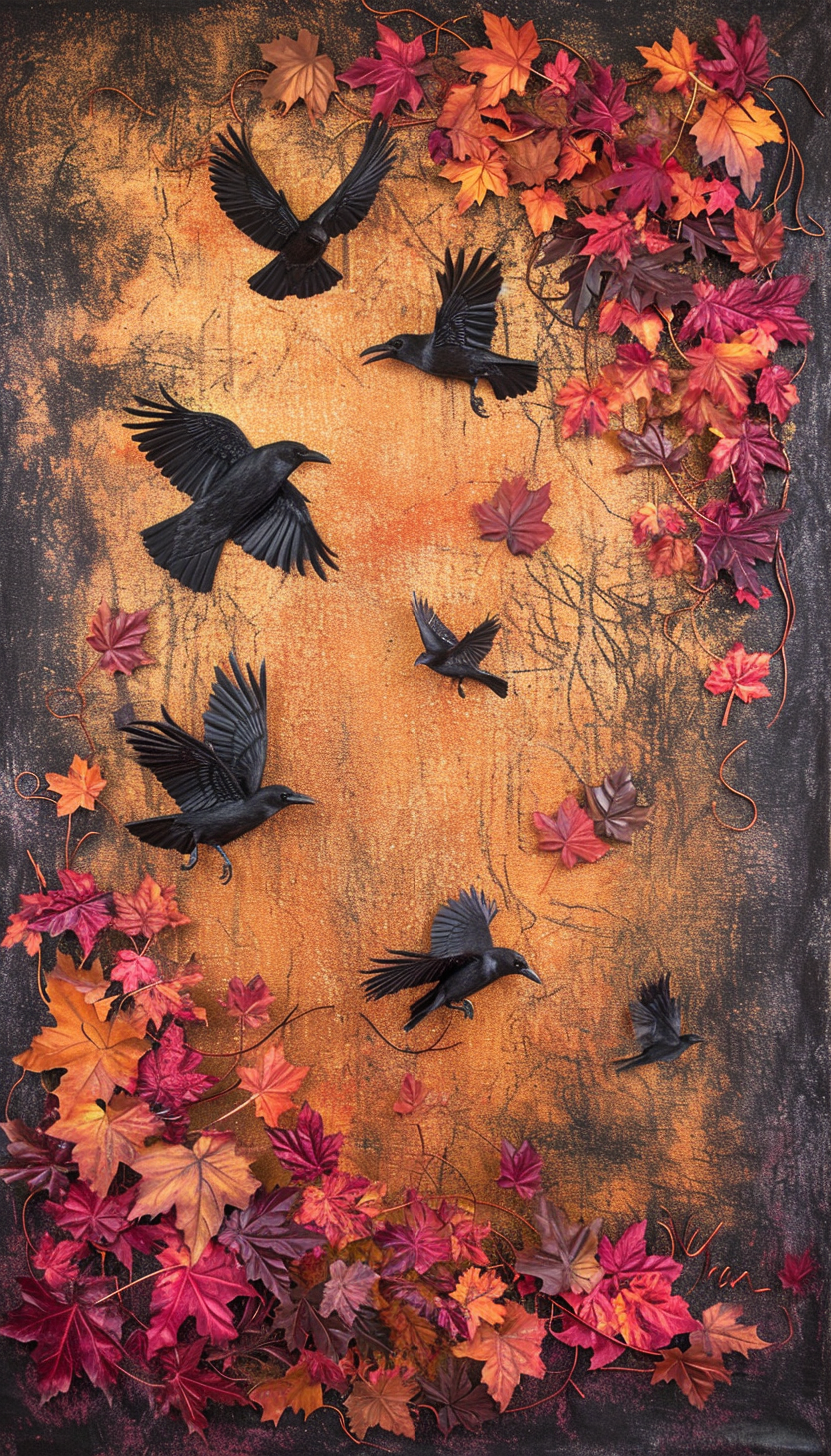 Autumn Aura with Falling Leaves and Crows