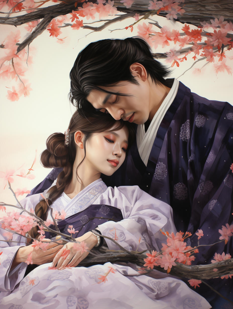 Couple in Hanfu under Cherry Blossom Tree