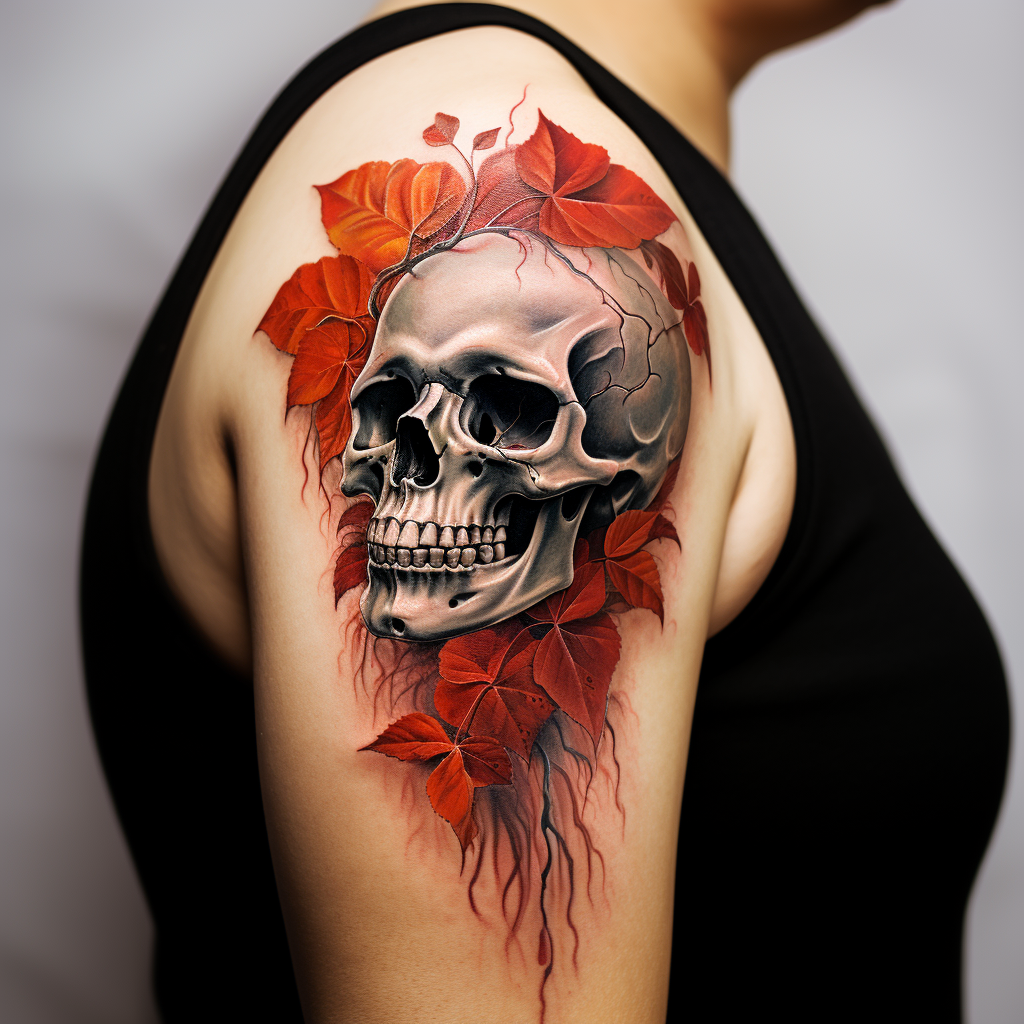 Realistic Autumn Fire Leaves Tattoo on Shoulder