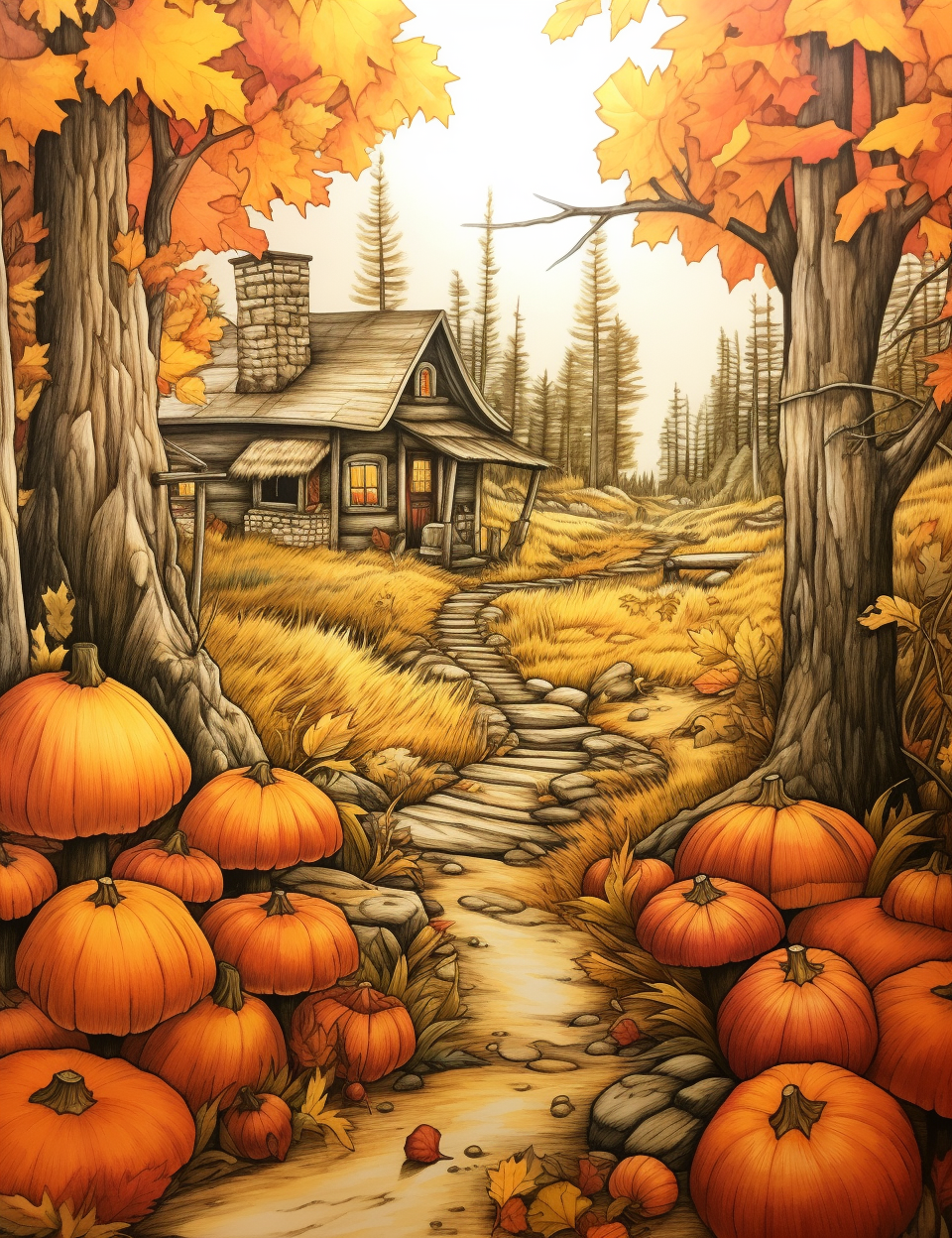 Colorful autumn forest cabin scene