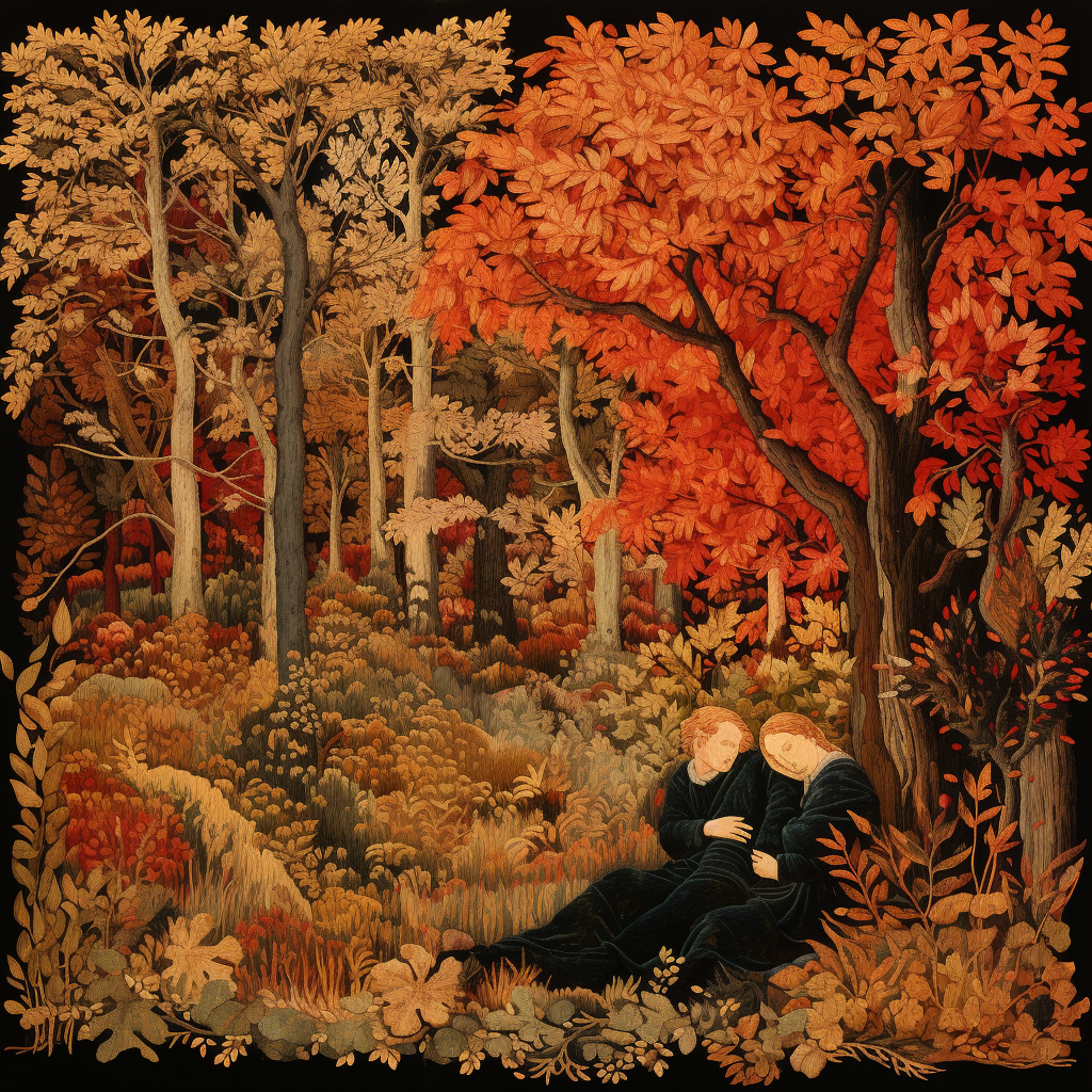 Two men embracing in autumn forest