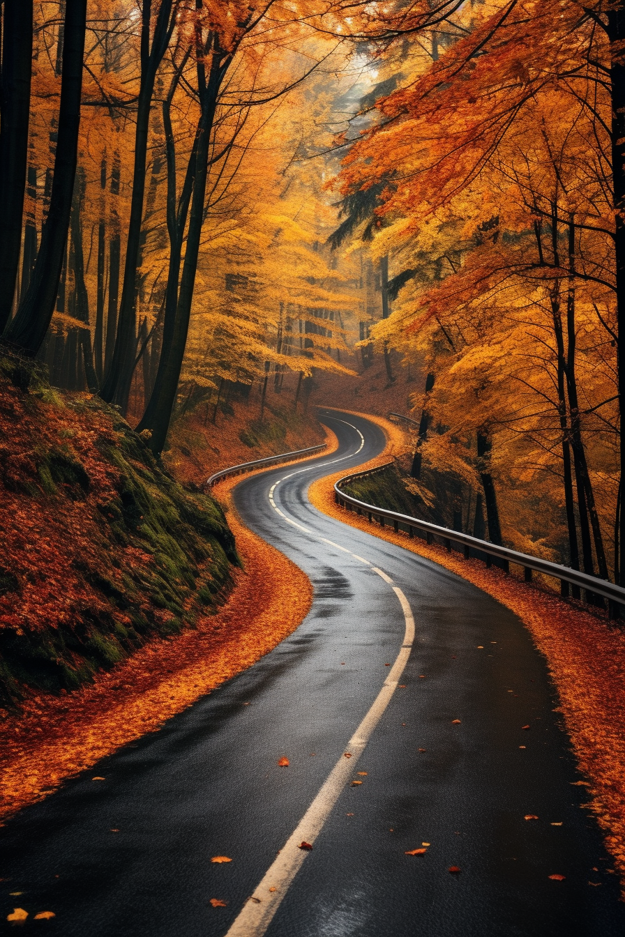 Autumn forest with colorful leaves and wet road