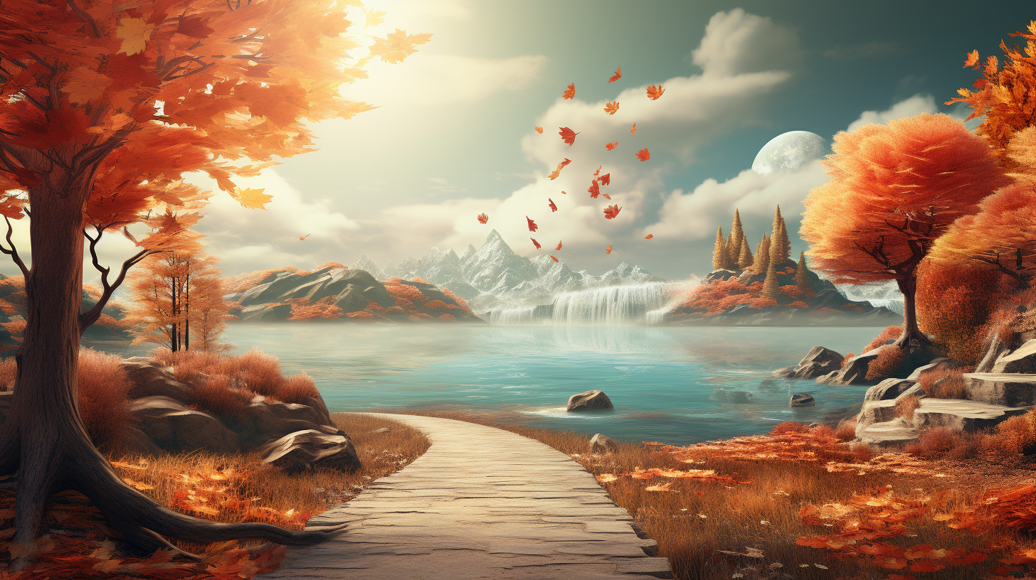 Whimsical autumn lake road