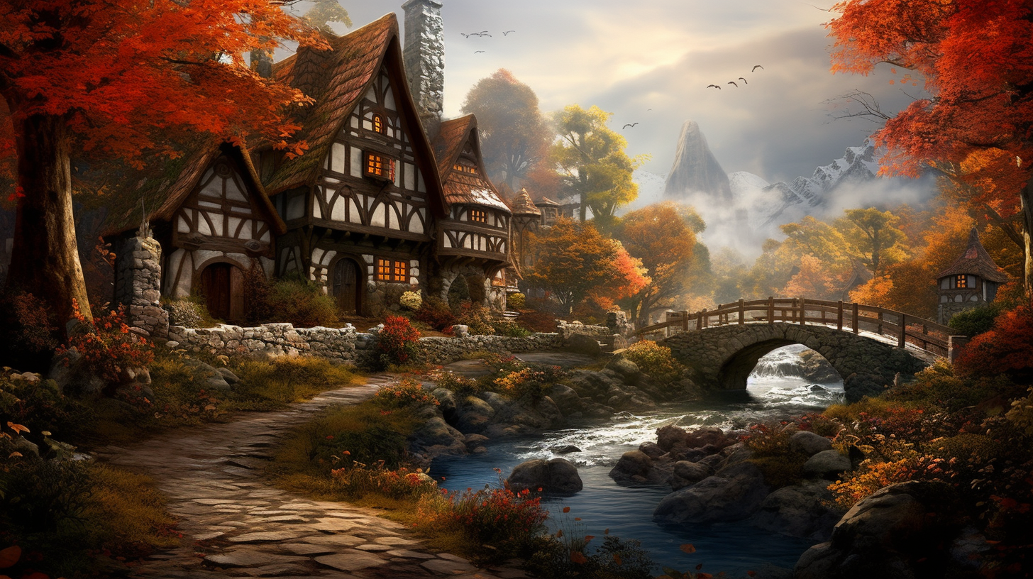 Scandinavian village in magical autumn landscape