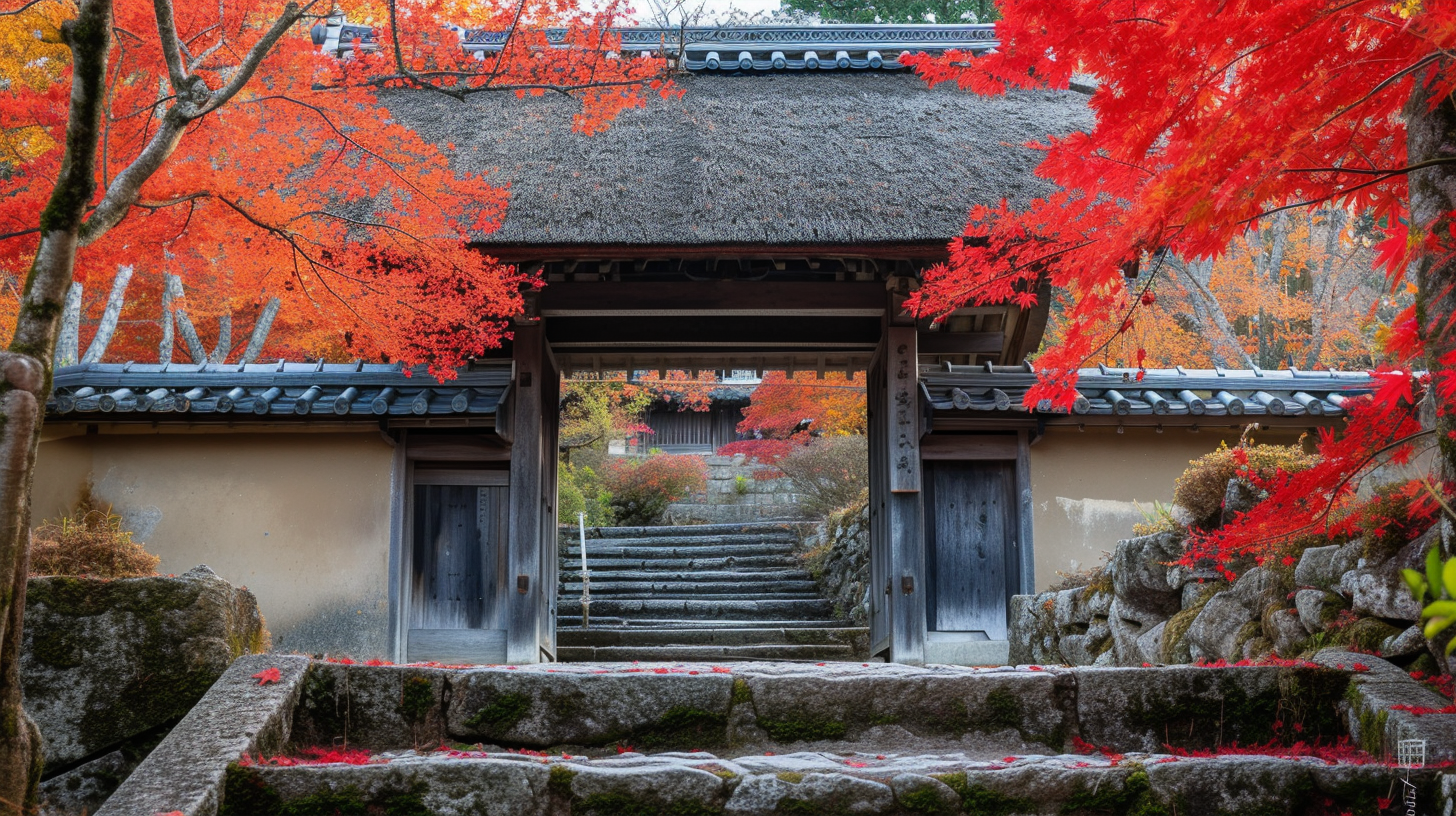 Red autumn leaves on Sanmon gate