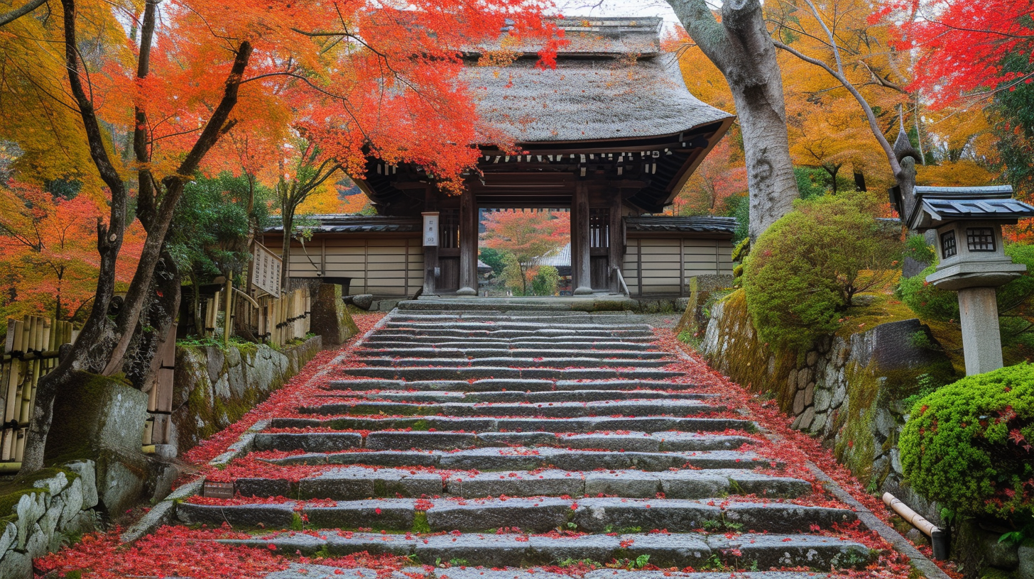 Autumn leaves on thatched roof Sanmon gate