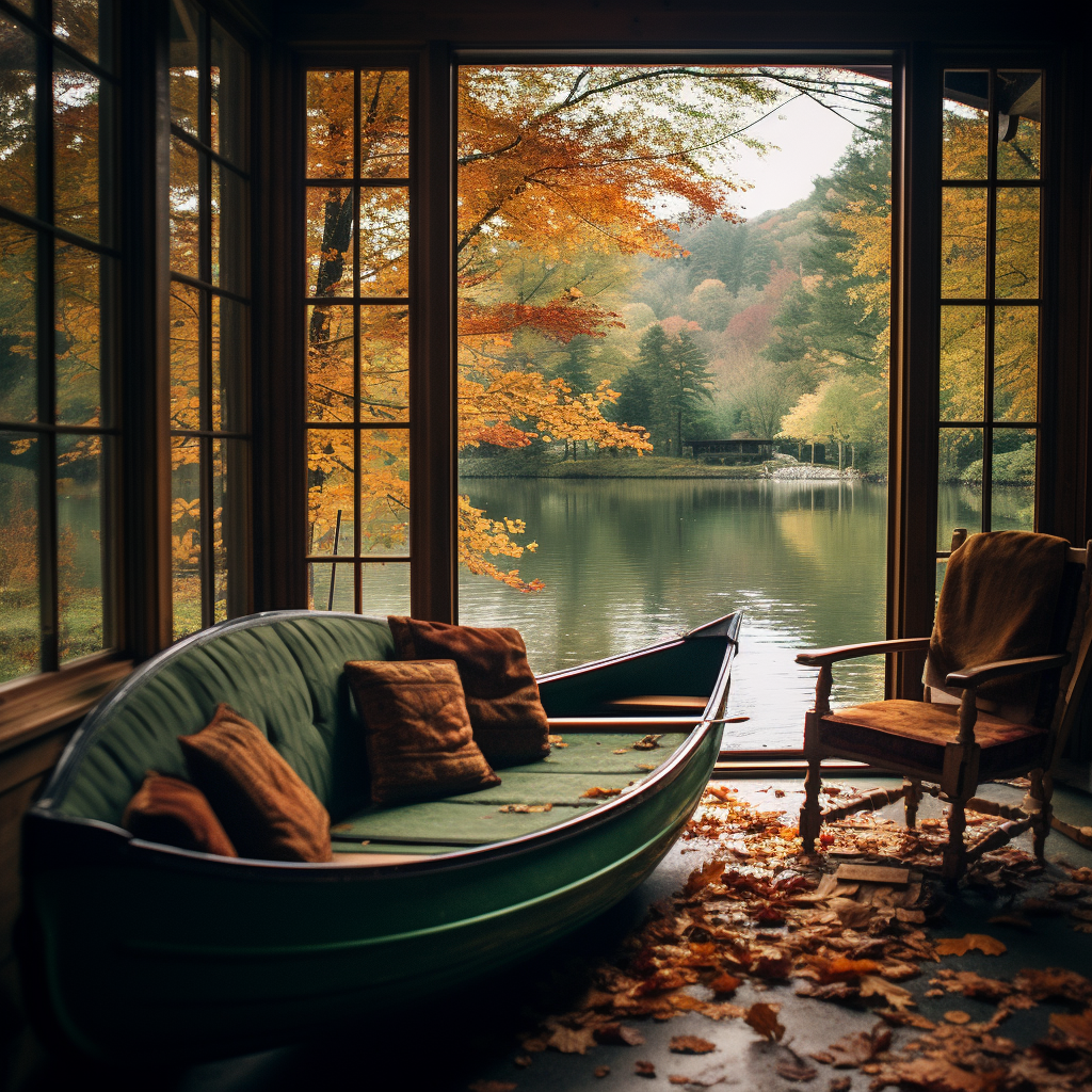 Colored leaves and green canoe on water