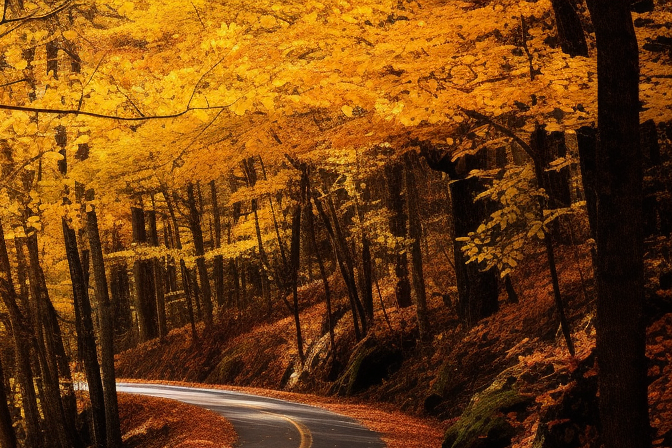 Colorful autumn leaves on winding road