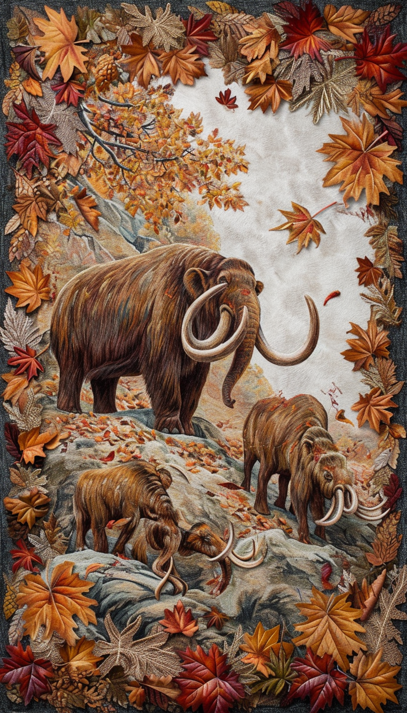 Autumn tundra mammoth herd falling leaves colored pencils