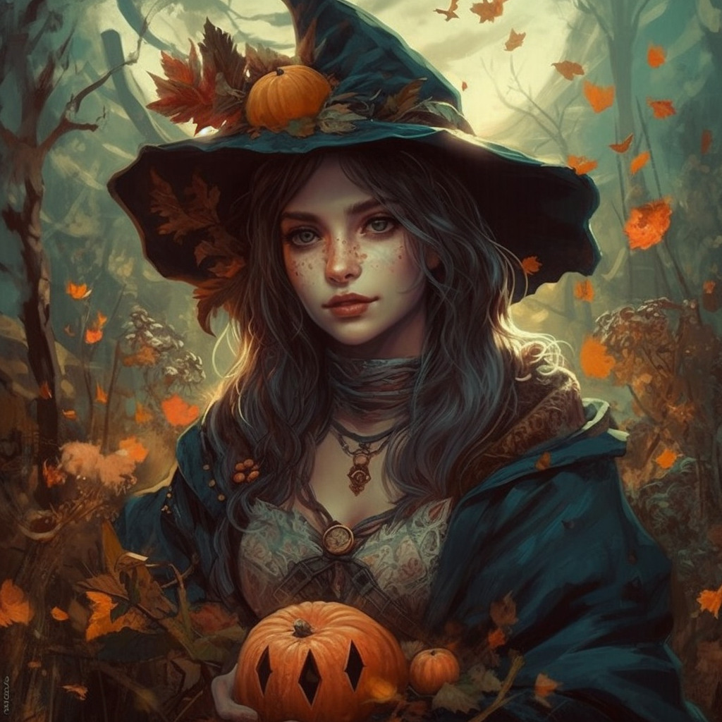 Beautiful autumn witch with pumpkin