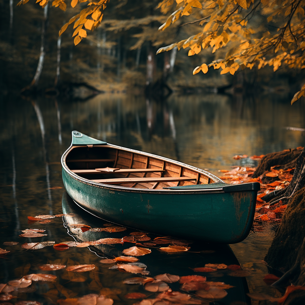 Colored leaves and green canoe in autumn scenery