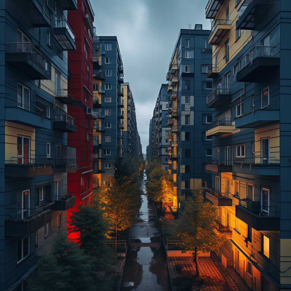 Colorful urban neighborhood with tall trees on balconies