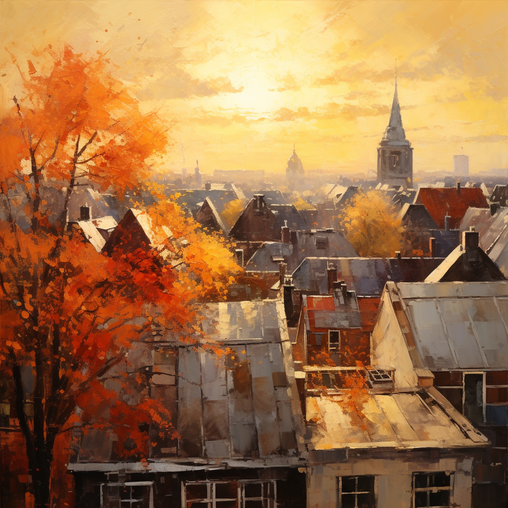 Impressionistic painting of Dusseldorf roofs in autumn