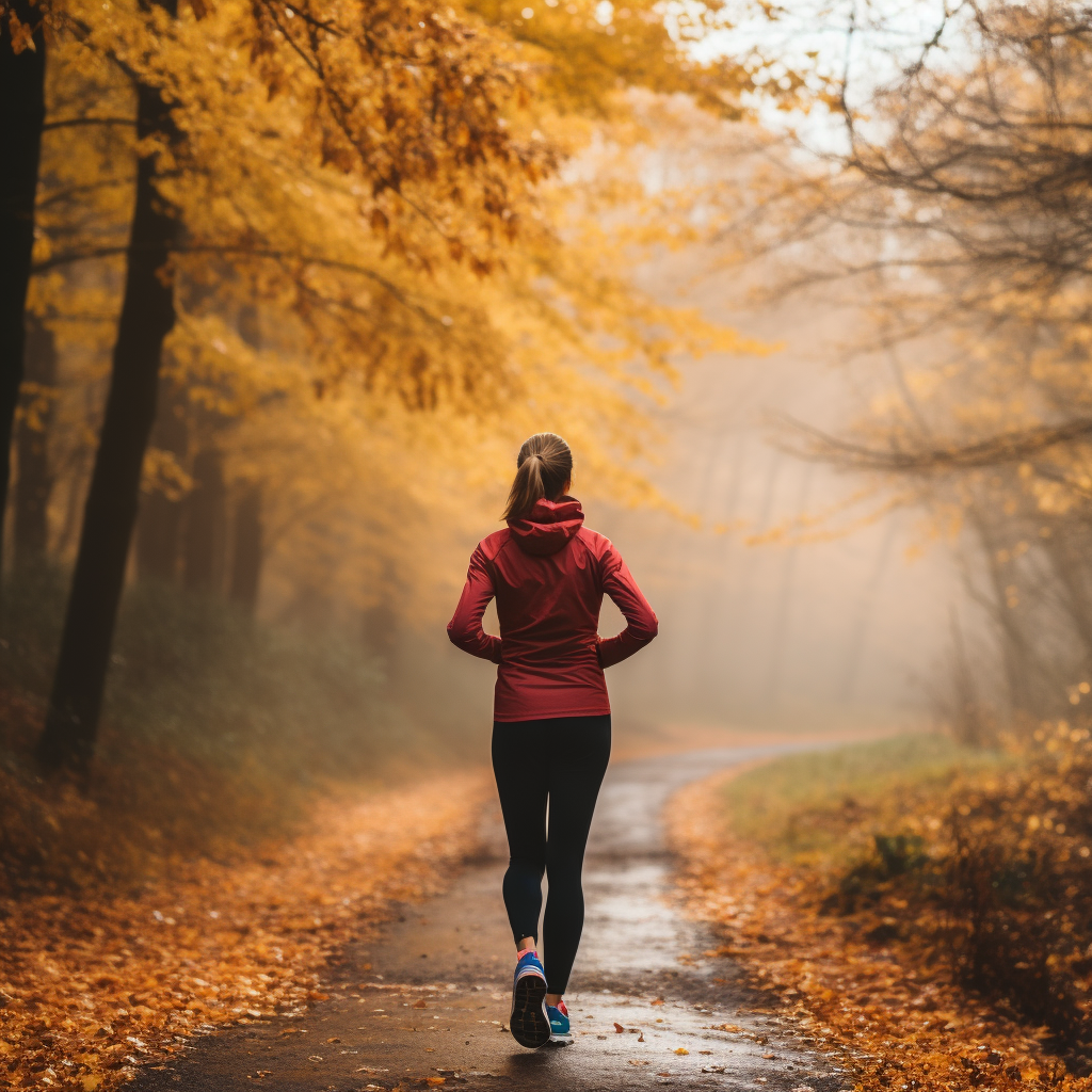 Person exercising in autumn scenery