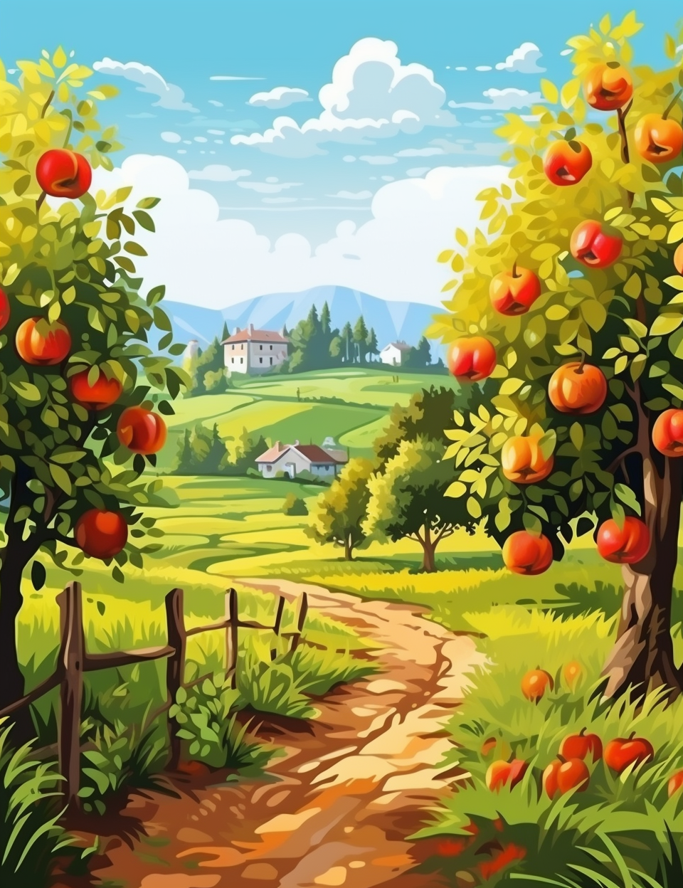 Illustration of bright apple trees during autumn