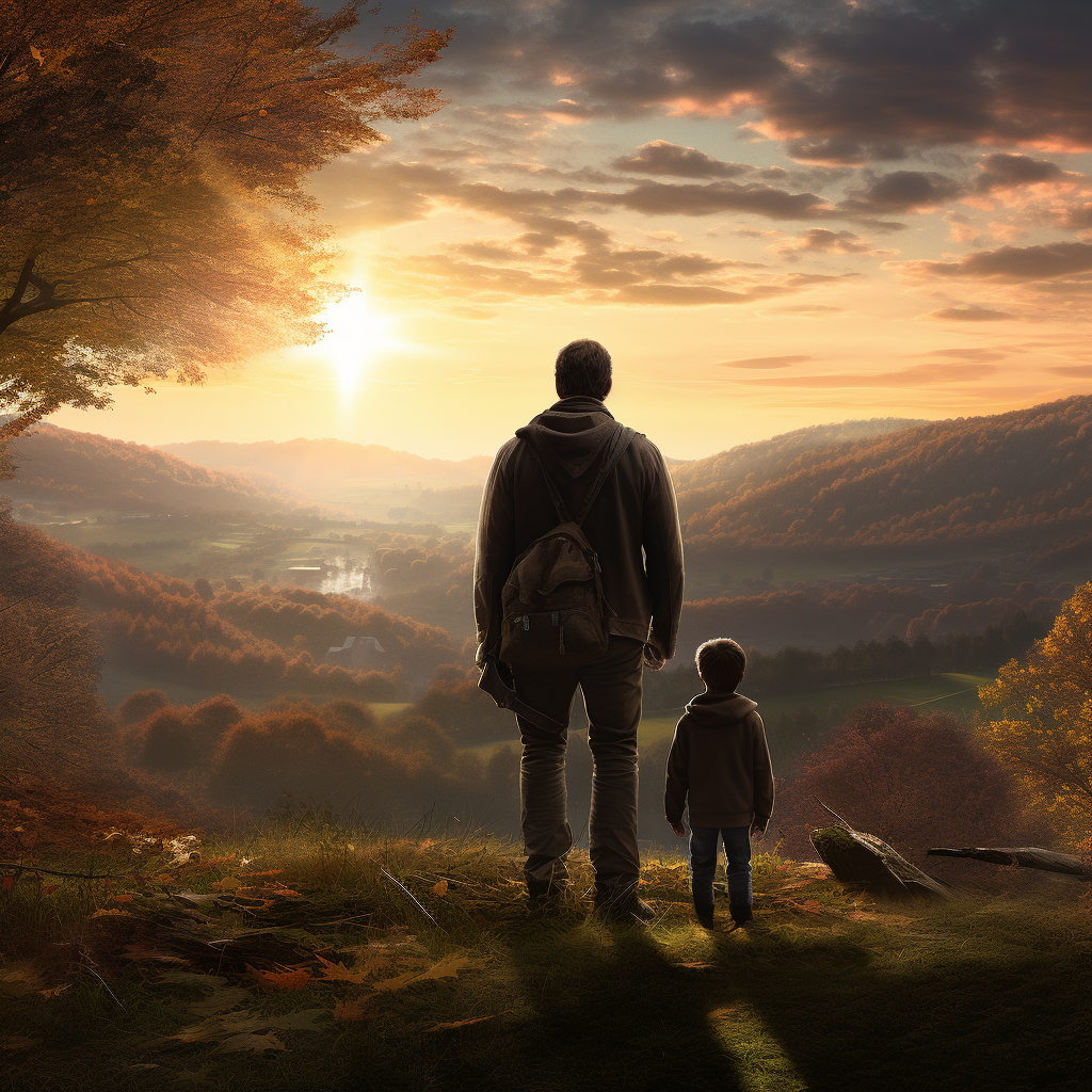 Father and son walking in autumn woods