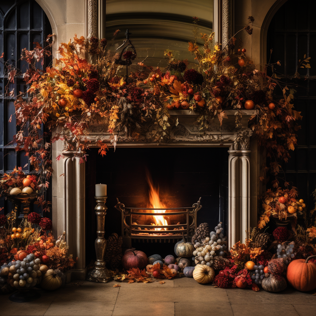 Autumn-themed fireplace decorations