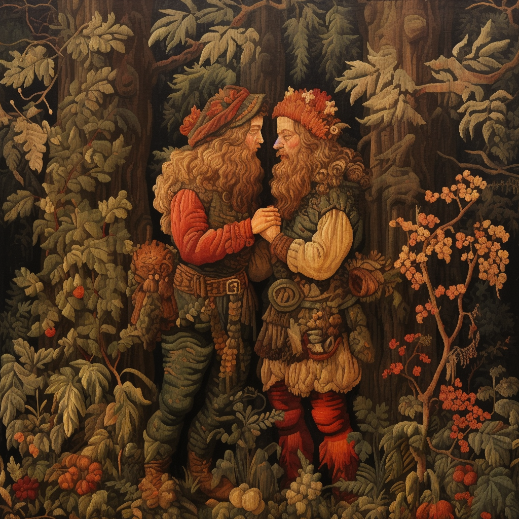 Two satyrs embracing in autumn forest