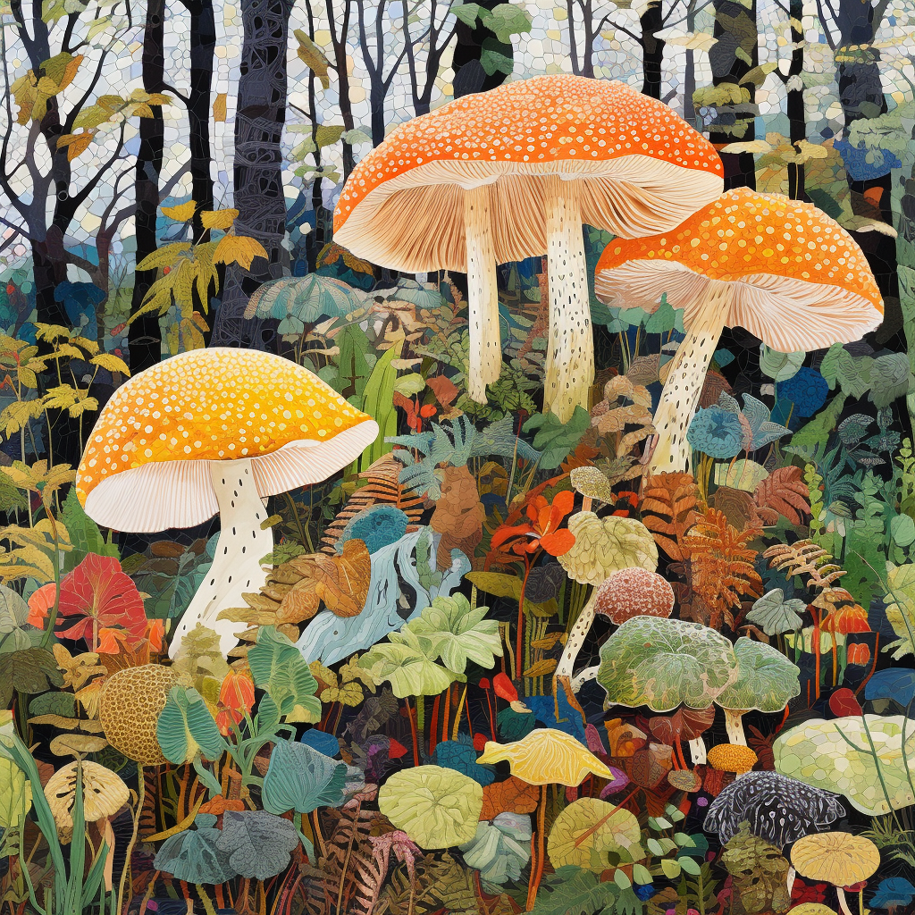 Colorful autumn forest with leafy floor and toadstools