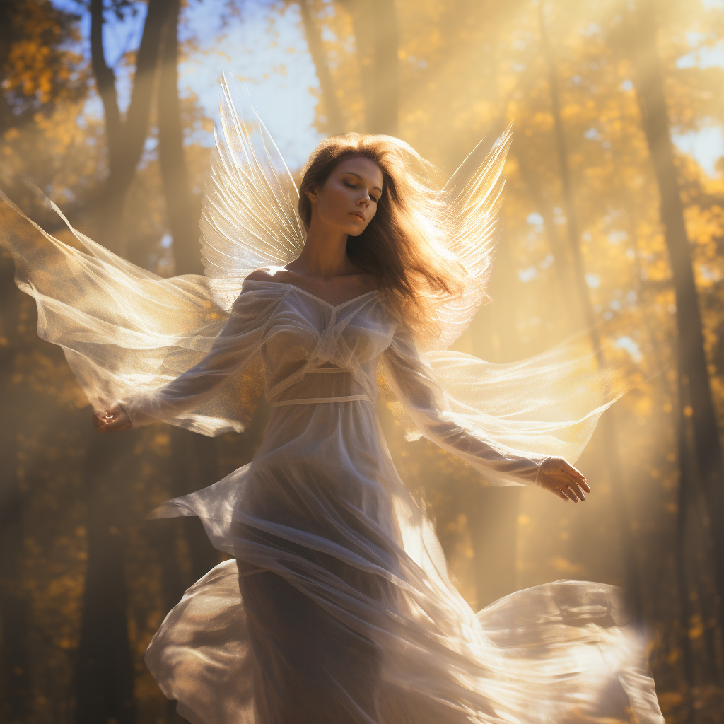 Graceful angel amidst autumn forest movement