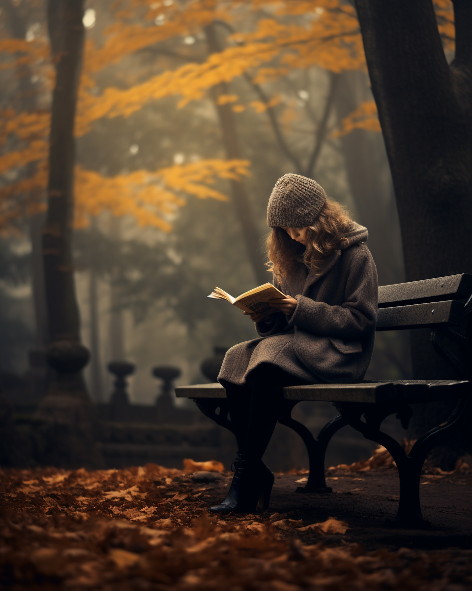 Girl reading on bench in autumn foggy forest