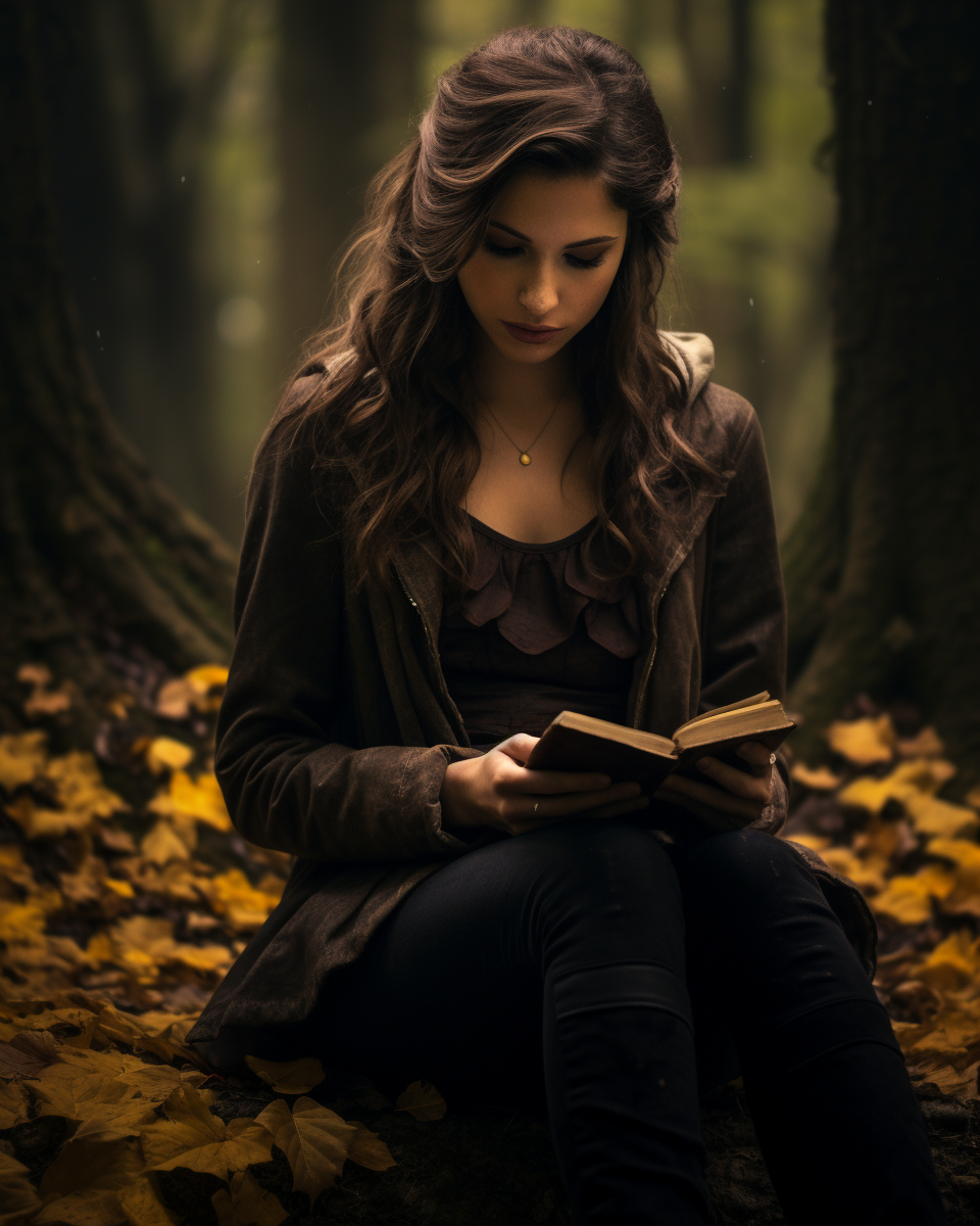 Girl reading in autumn forest