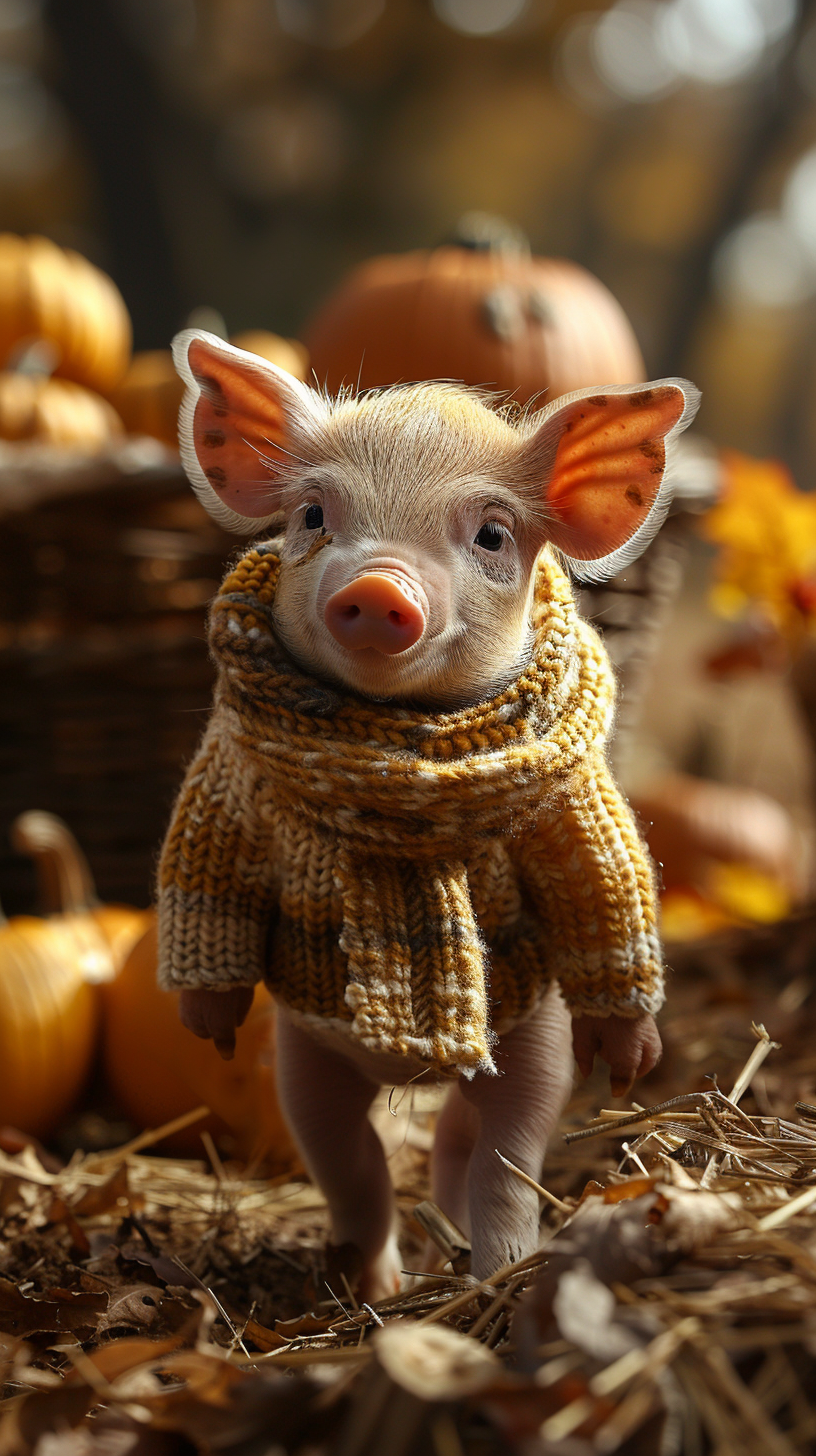 Baby piglet in autumn harvest setting