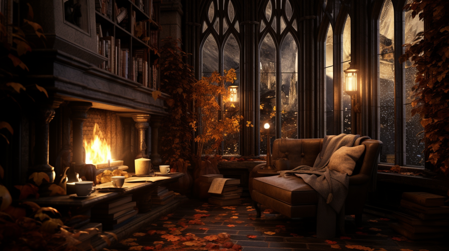 Cozy autumn Hogwarts reading nook with fireplace