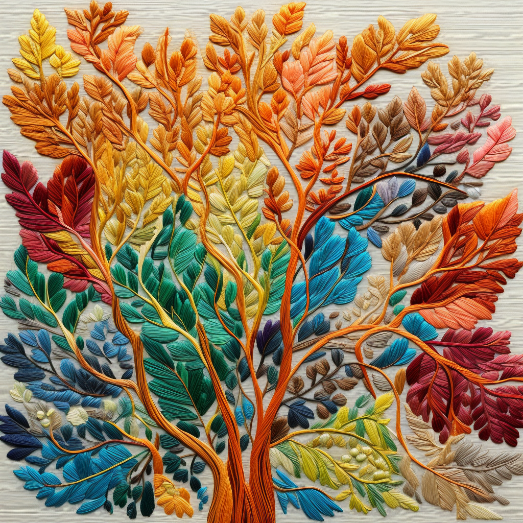 Abstract autumn leaves embroidery artwork