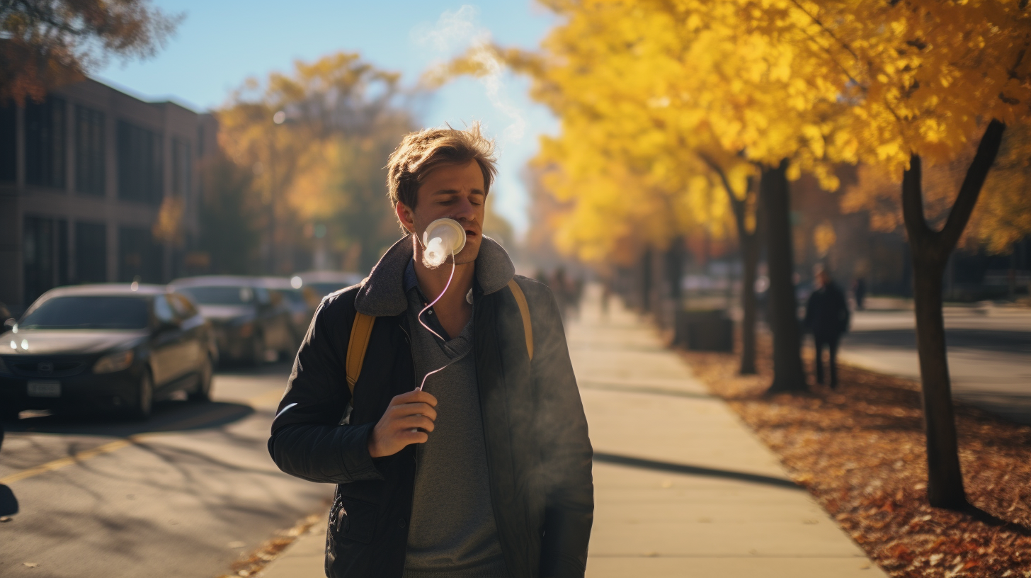 Man using asthma inhaler while walking in Chicago