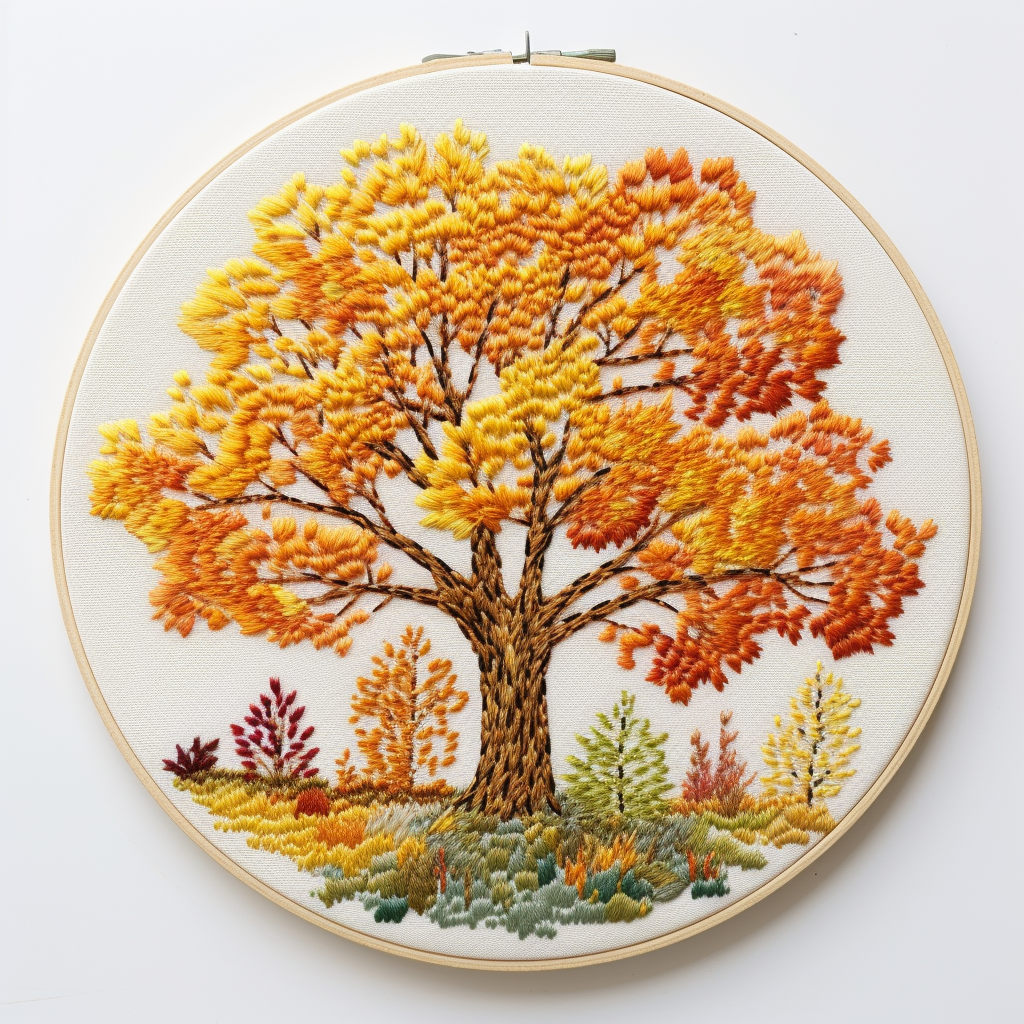 Colorful autumn leaves dot embroidery on white background